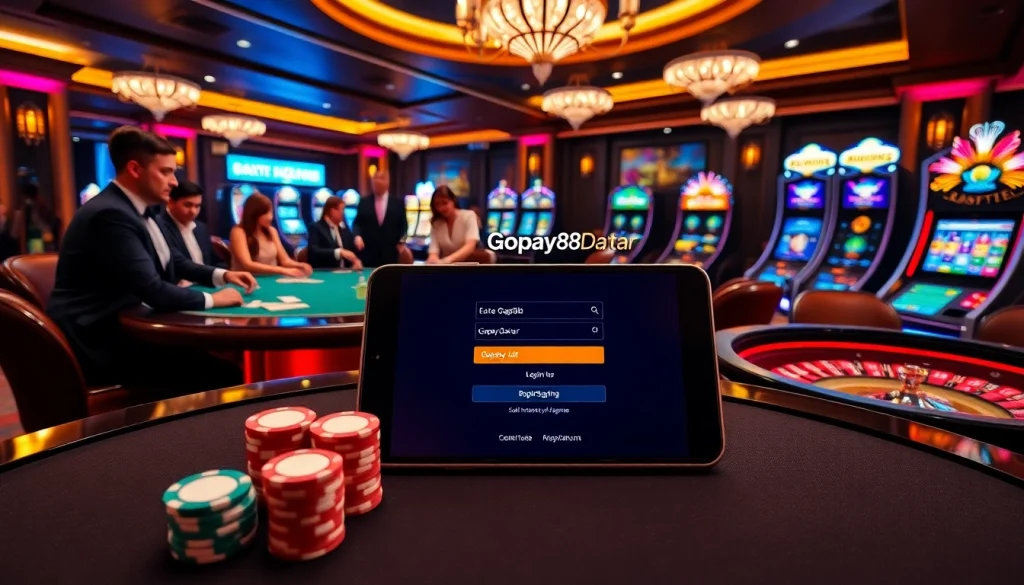 Engage with Gopay88 Daftar at a luxurious casino with poker chips and roulette.