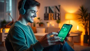 Enjoying the Spotify mod experience with a smartphone in a cozy living room.
