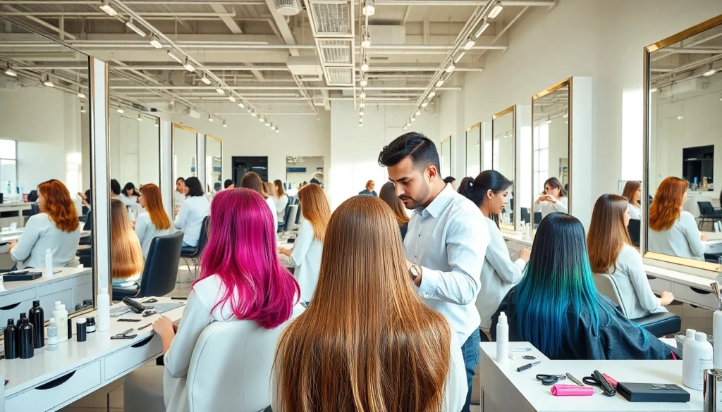 Hairstylist in a salon showcasing coafor bucuresti styles and vibrant hair colors.