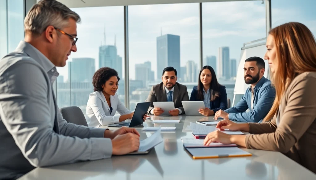 Crisis management consultant leading a strategic discussion with clients in a modern office.