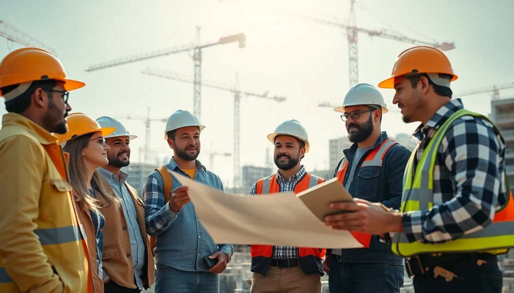 Contractors from southern california contractors association discussing plans on a construction site.