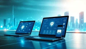 展示全球连通性与安全连接的多设备 VPN 应用界面。