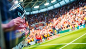 Update on football scores with 최신 scores on scoreboard and cheering crowd, showcasing ผลบอลสดgoal excitement.