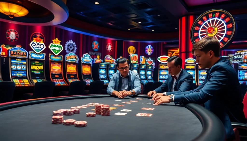 Exciting RR88 casino scene with poker players and vibrant slot machines highlighting gaming action.