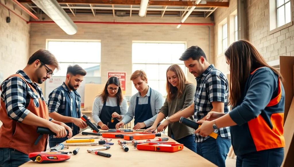 Engaged students at construction trade schools in Texas practicing skills in a modern workshop.