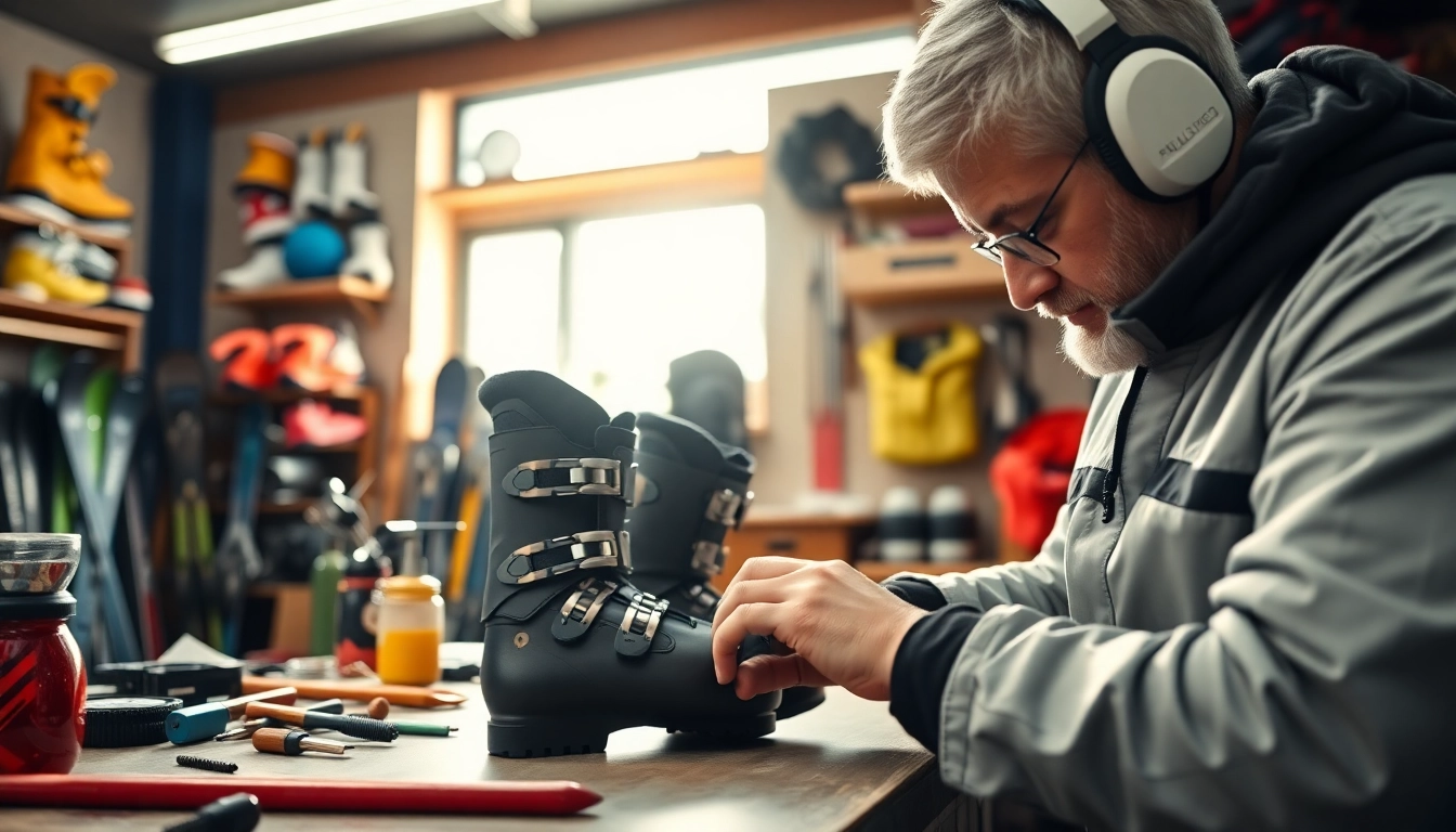 Ski boot repair near me with a technician working in a vibrant workshop filled with specialized tools.
