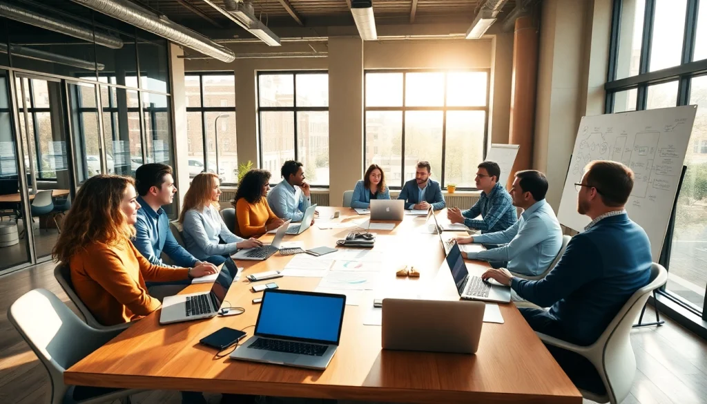 Team engaged in strategy capture management brainstorming session in a professional office.