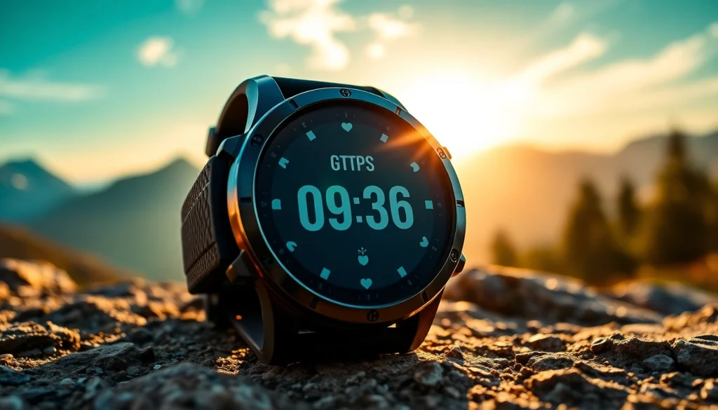 Showcase the stylish Explorer Plus GPS Smart Watch highlighting its adventurous features in an outdoor setting.