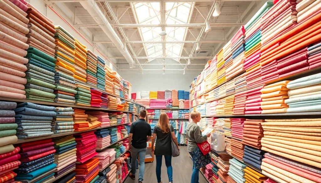 Katoen stof kopen in een sfeervolle stoffenwinkel met kleurrijke, verschillende stoffen.