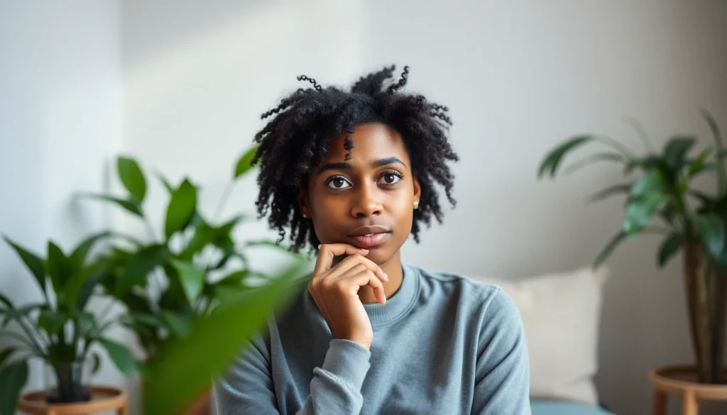 Anxiety symptoms illustrated through a person in a calm therapy setting, showcasing emotions and tranquility.